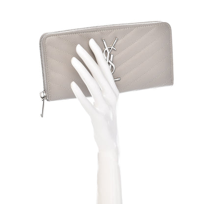 Saint Laurent Grain De Poudre Matelasse Chevron Monogram Zip Around Wallet Granite 2 of 7