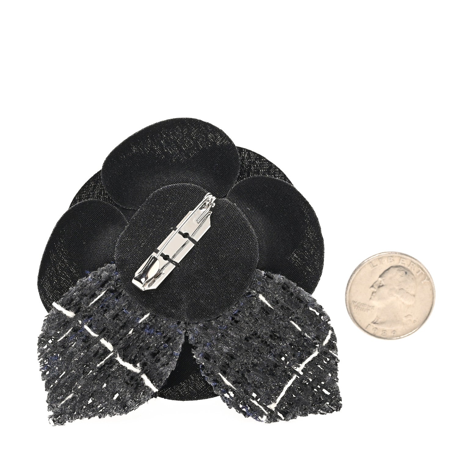 Chanel Tweed Camellia Pin Brooch Black White 2 of 3
