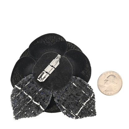 Chanel Tweed Camellia Pin Brooch Black White 2 of 3
