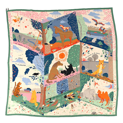 Hermes Cashmere Silk Le Livre D'Esope Shawl 140 Naturel Vert Rose 1 of 3