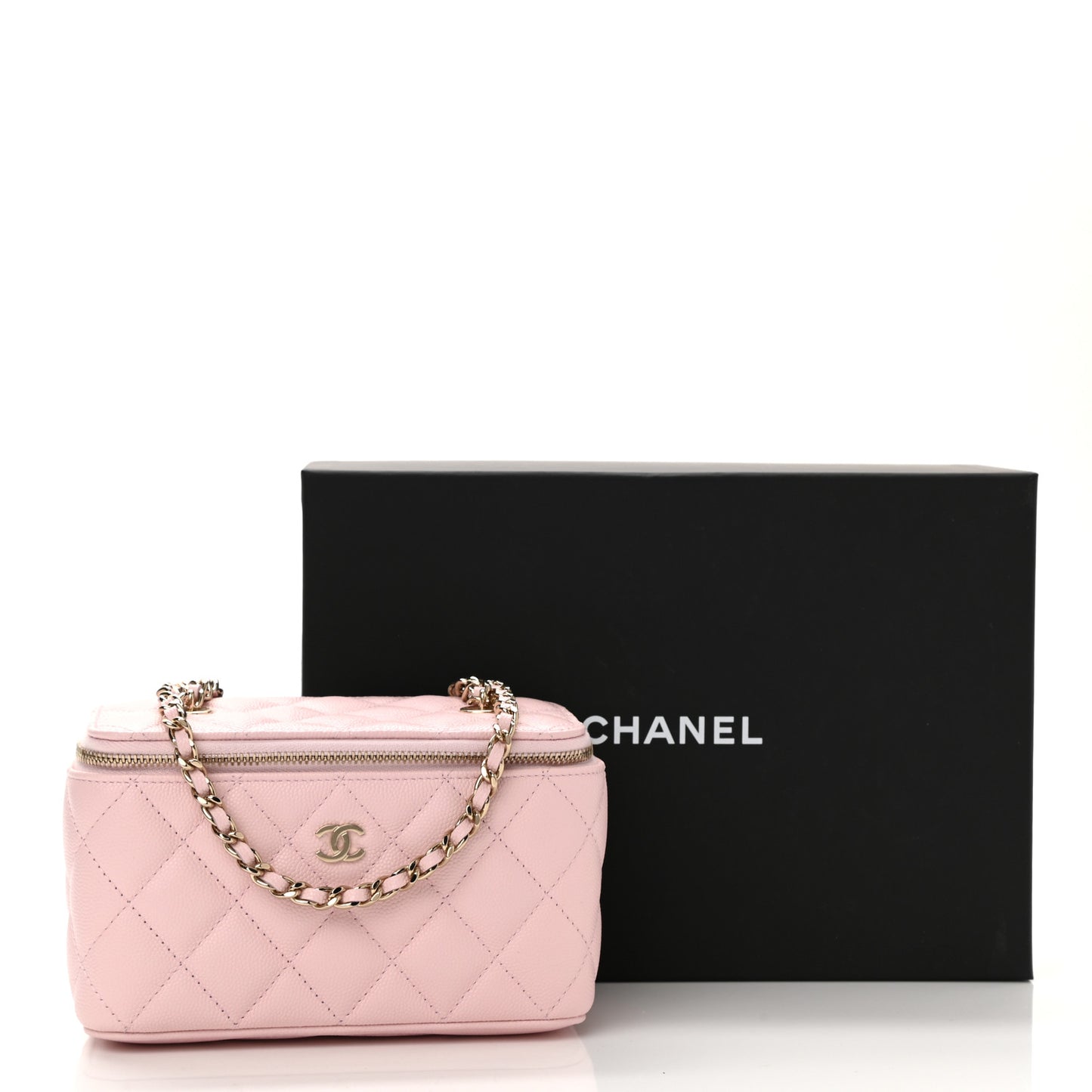 Caviar Quilted Small Vanity Case With Chain Light Pink