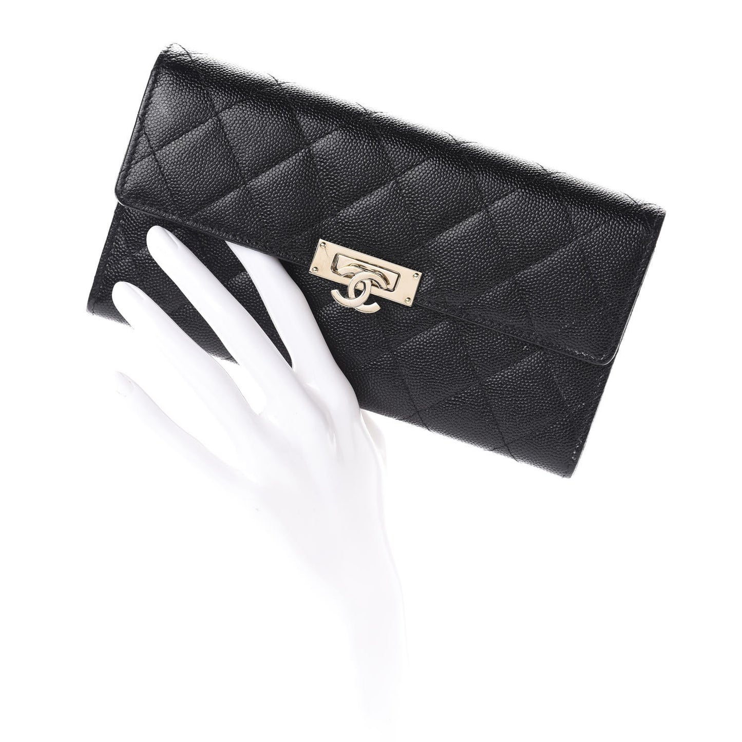 Caviar Quilted Large Golden Class Gusset Flap Wallet Black