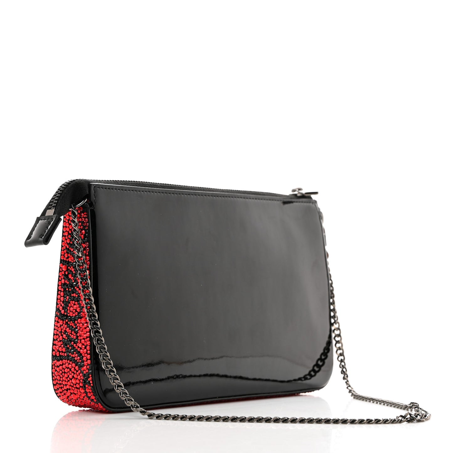Patent Calfskin Strass Loubila Chain Clutch Black