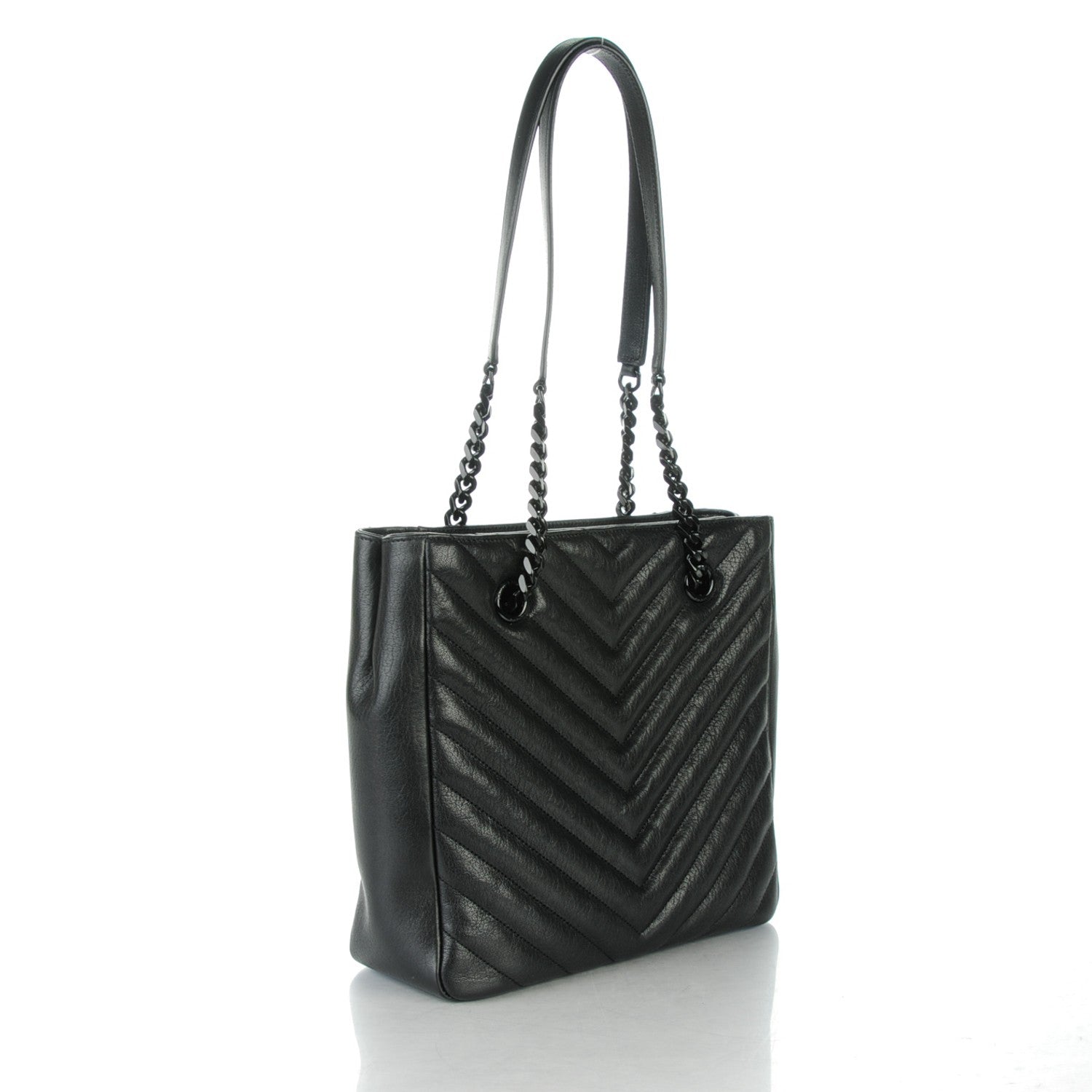Saint Laurent Sheepskin Matelasse Chevron Small Monogram Shopping Bag Black 3 of 7