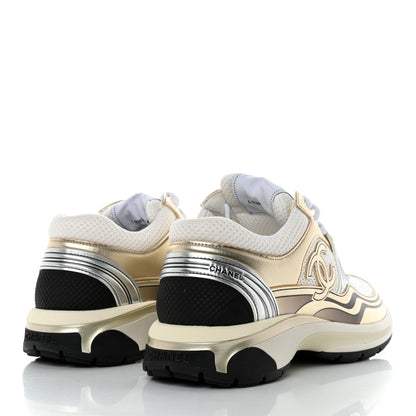 Chanel Fabric Laminated Calfskin Stretch CC Womens Sneakers 40 White Silver 4 of 9
