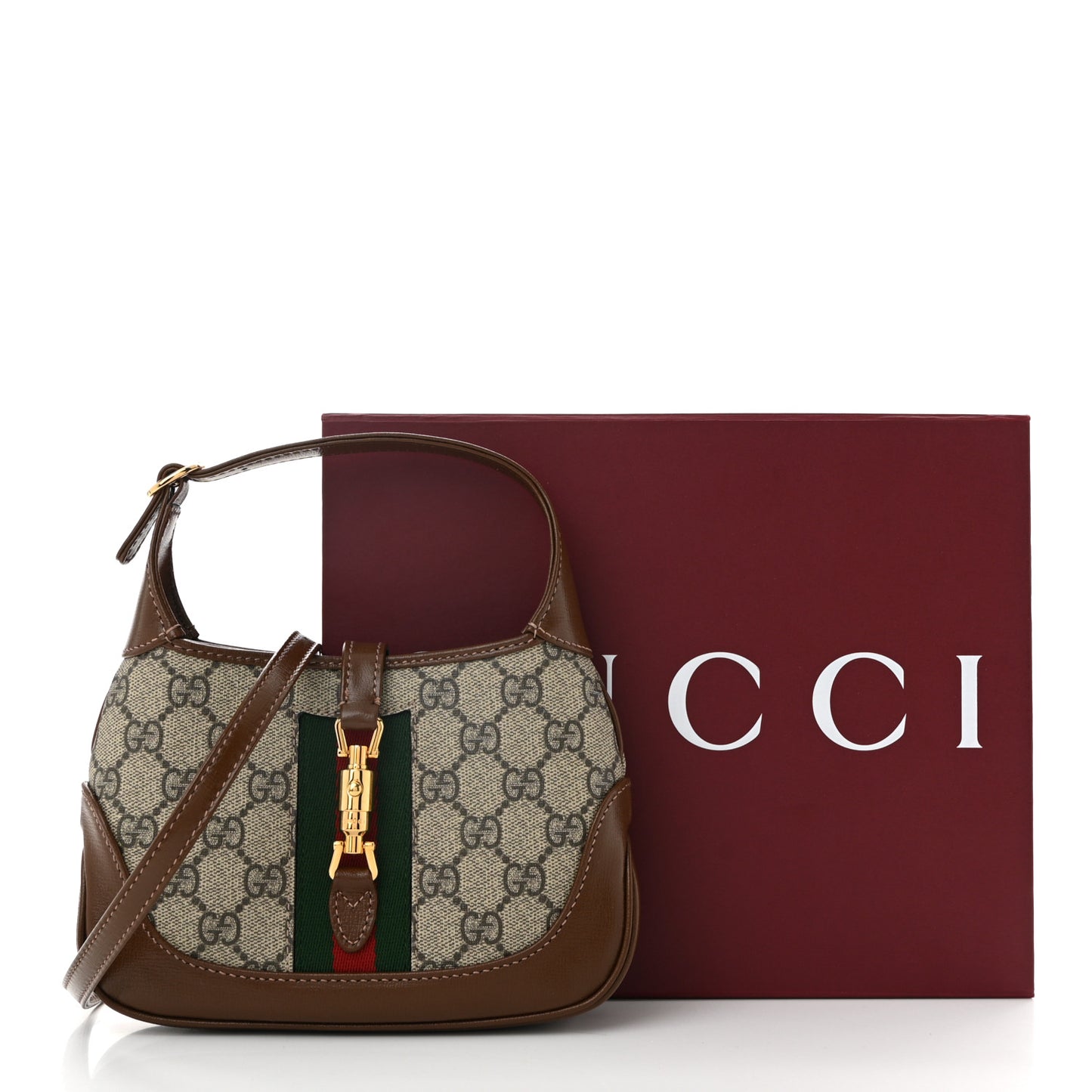GG Supreme Monogram Azalea Calfskin Web Mini Jackie 1961 Hobo Beige Ebony Brown Sugar