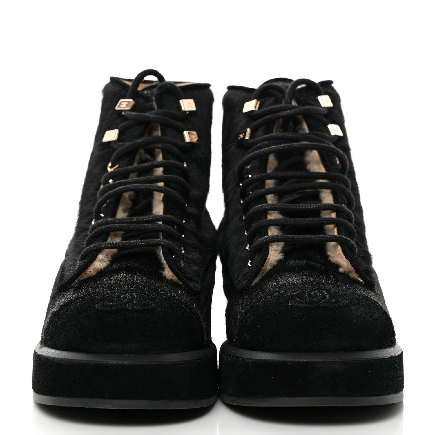 Chanel Suede Pony Hair Shearling Lace Up Combat Boots 39 Black White 2 of 9