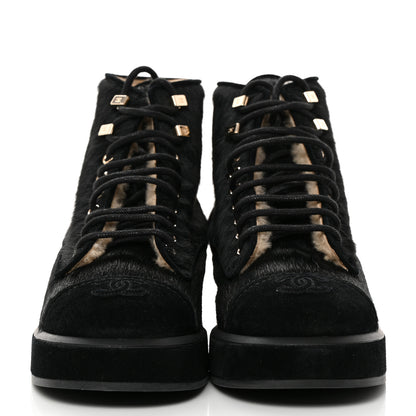 Chanel Suede Pony Hair Shearling Lace Up Combat Boots 39 Black White 2 of 9