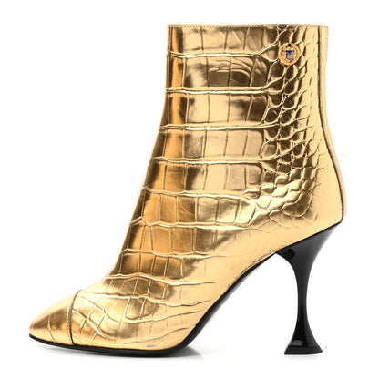 Chanel Calfskin Crocodile Embossed Cap Toe Ankle Boots 37 Gold 1 of 15