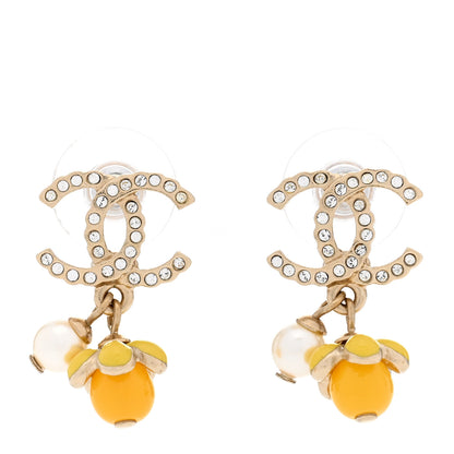 Chanel Metal Crystal Bead Pearl CC Drop Earrings Gold White Yellow 1 of 5