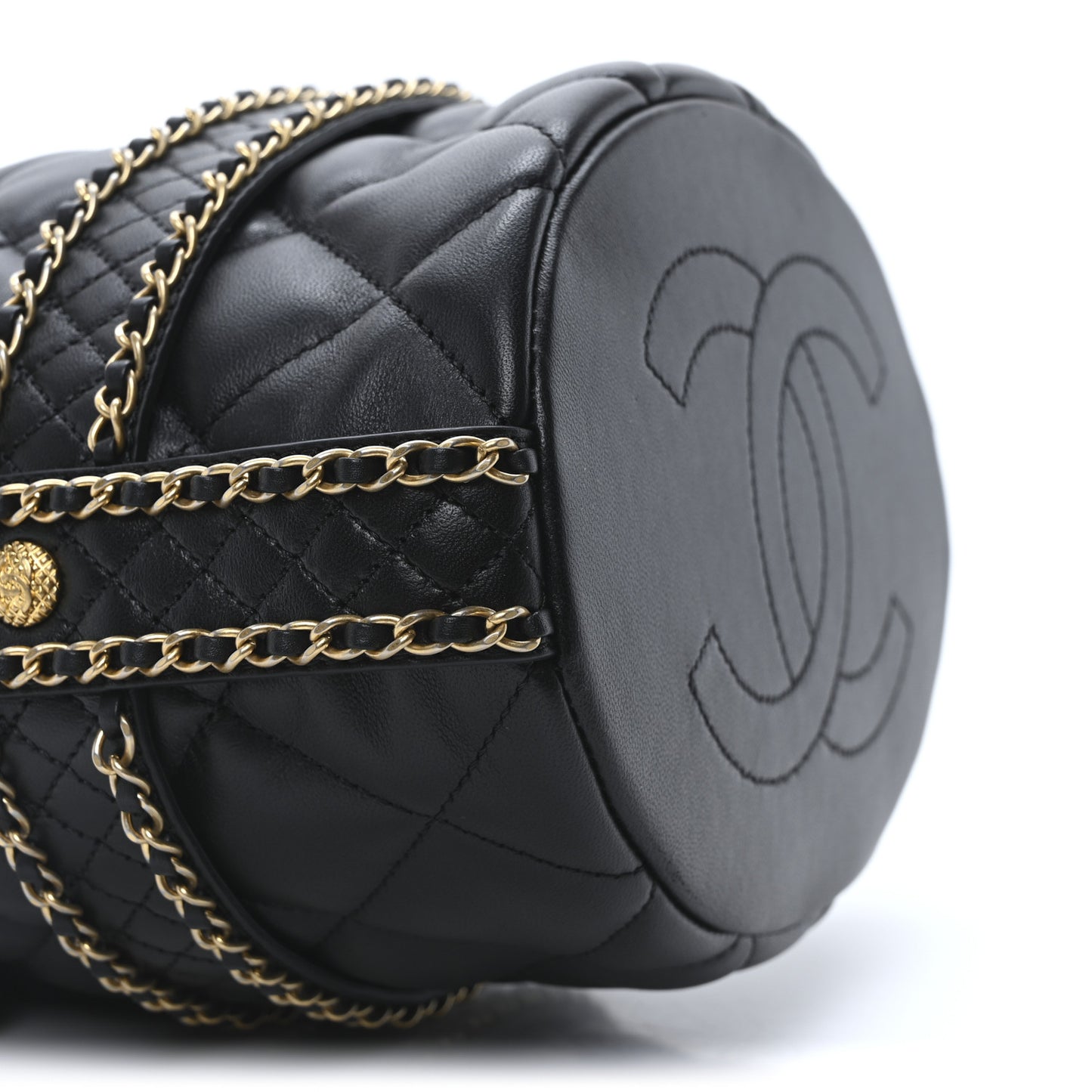 Lambskin Quilted Chain Bucket Drawstring Bag Black