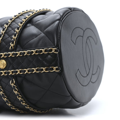 Chanel Lambskin Quilted Chain Bucket Drawstring Bag Black 9 of 10
