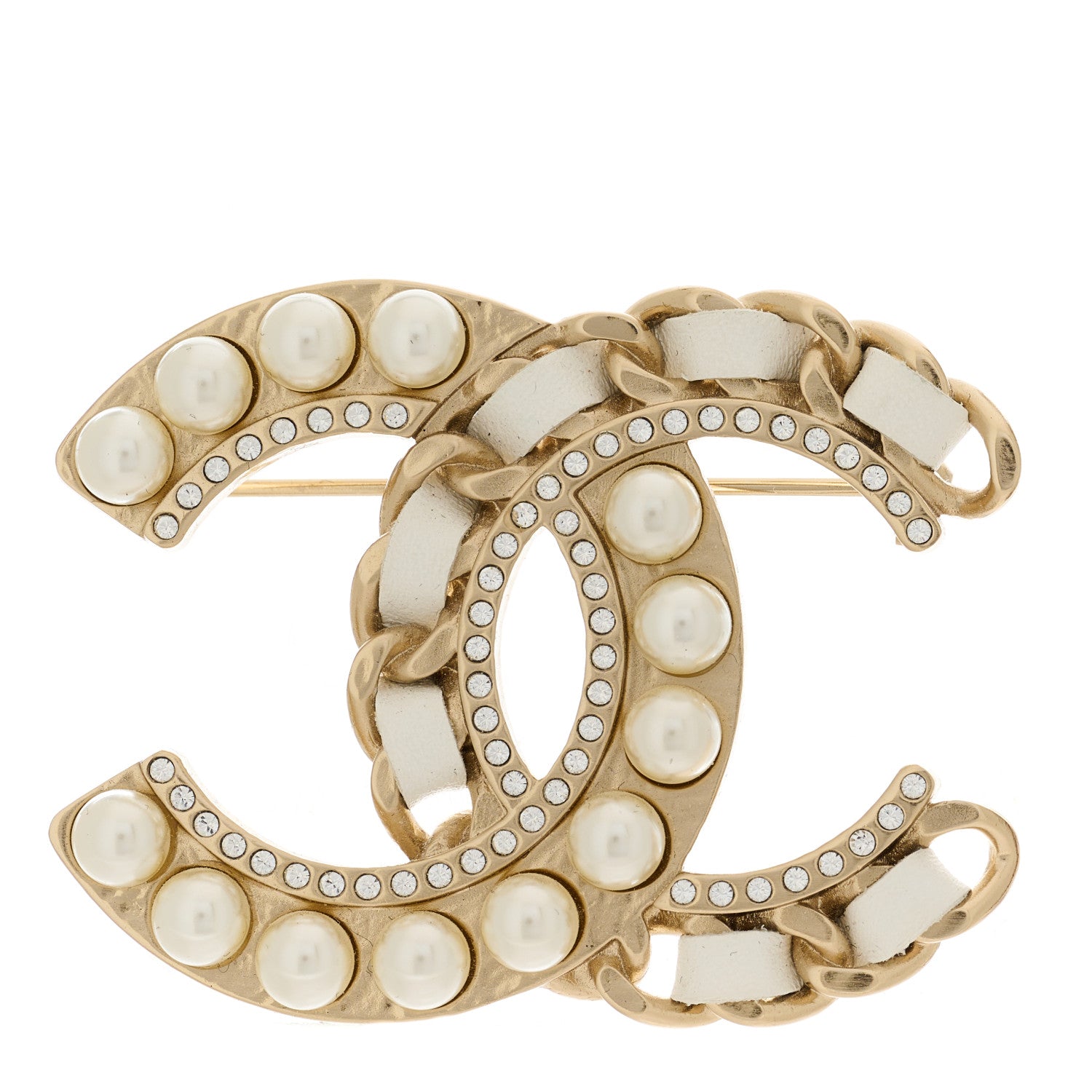 Chanel Lambskin Pearl Crystal CC Chain Brooch White Gold 1 of 5