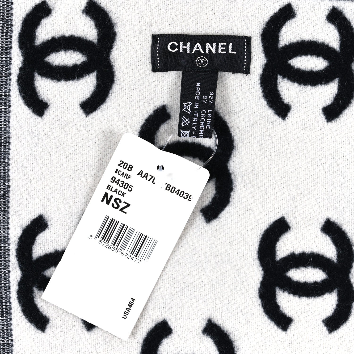 Chanel Wool Cashmere CC Scarf Black White 3 of 3