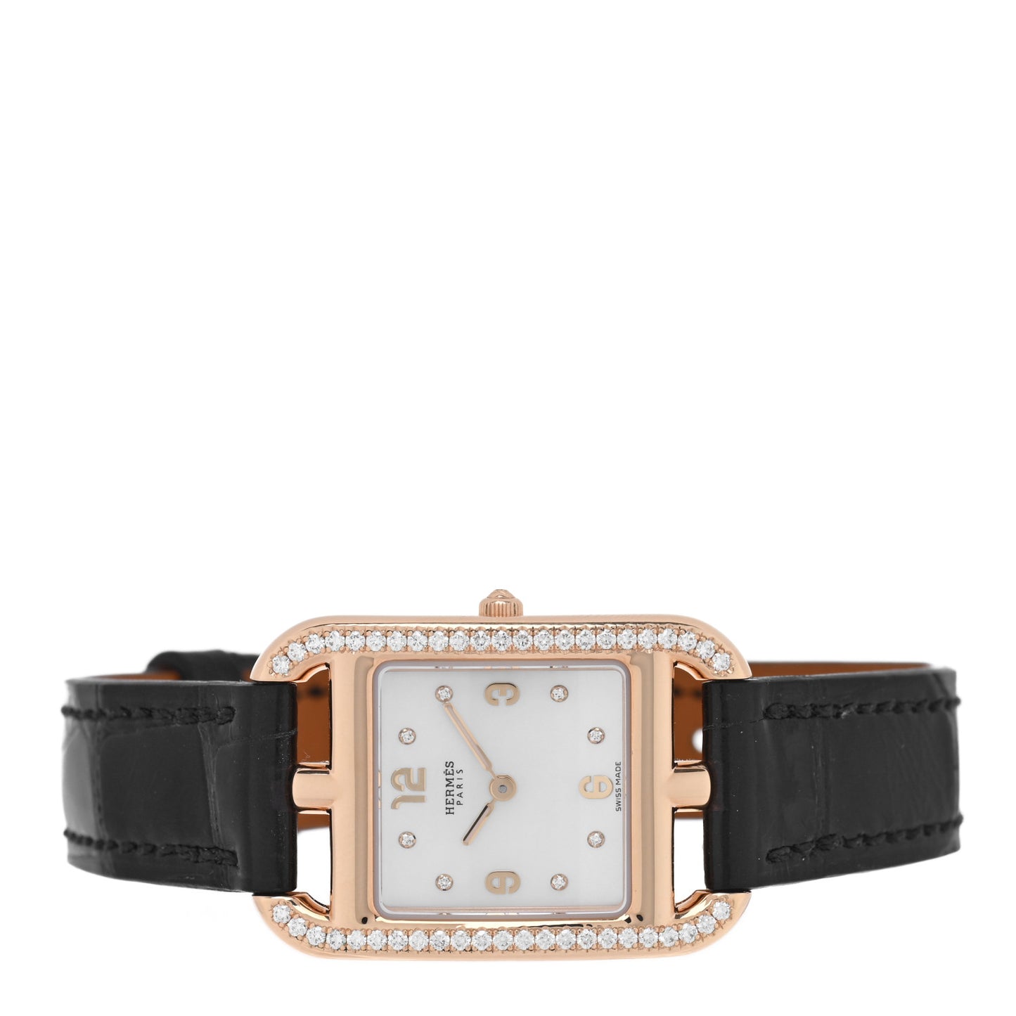 18K Rose Gold Alligator Diamond Bezel Mother of Pearl 23mm Cape Cod Quartz Watch Noir