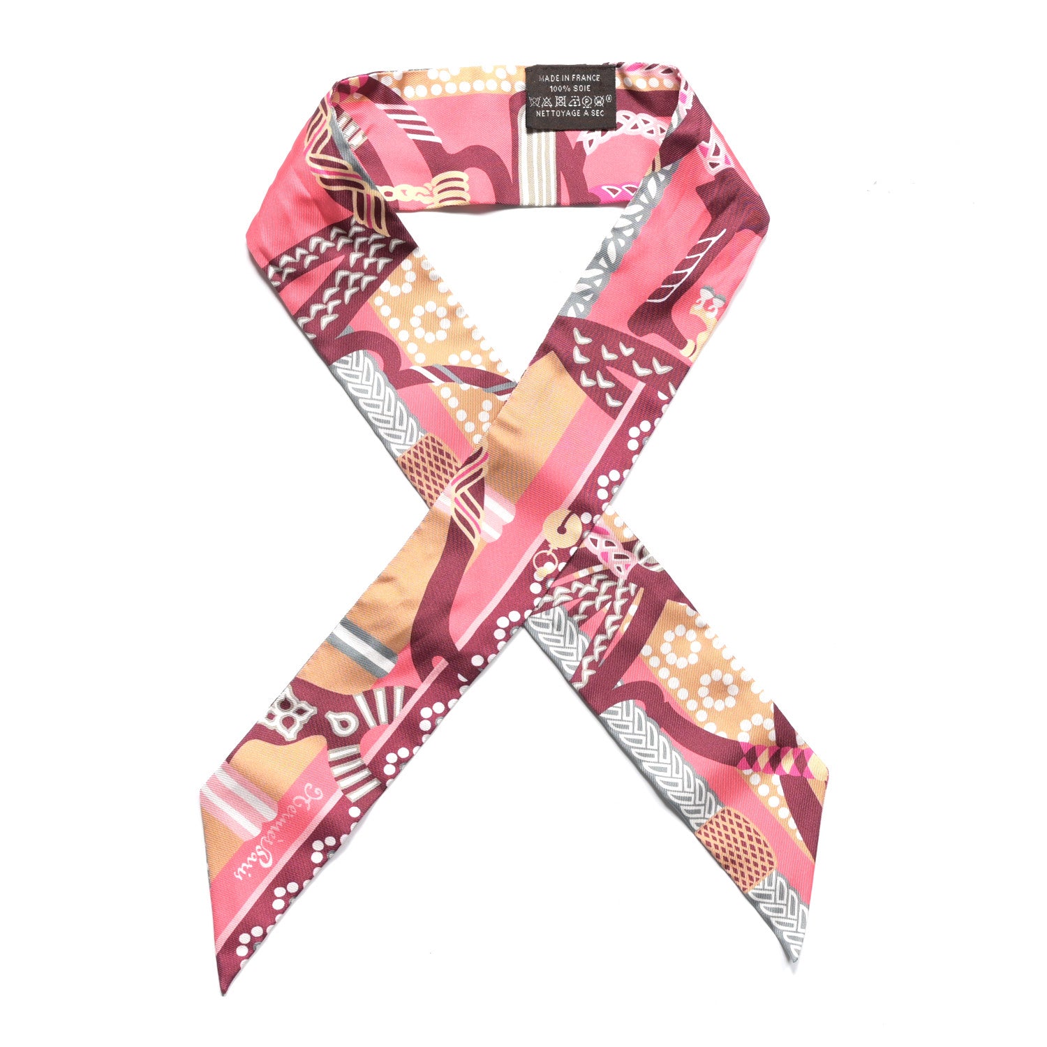 Hermes Silk Fantaisie D' Etriers Twilly Rose Vif Prune Beige 1 of 5