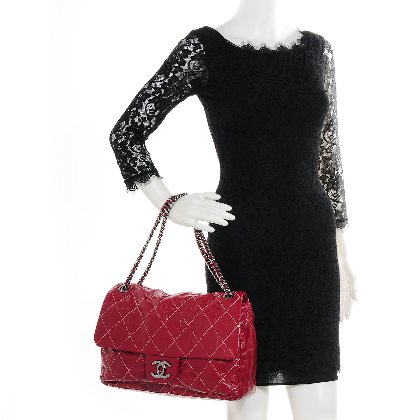 Glazed Goatskin Double Stitch Maxi Flap Red