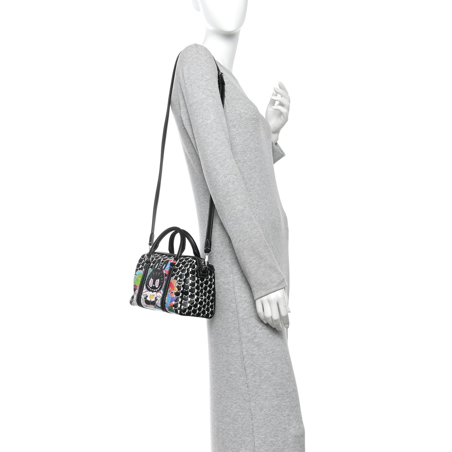 X KASING LUNG Calfskin Canvas M Labubu Boston Bag Black Multicolor