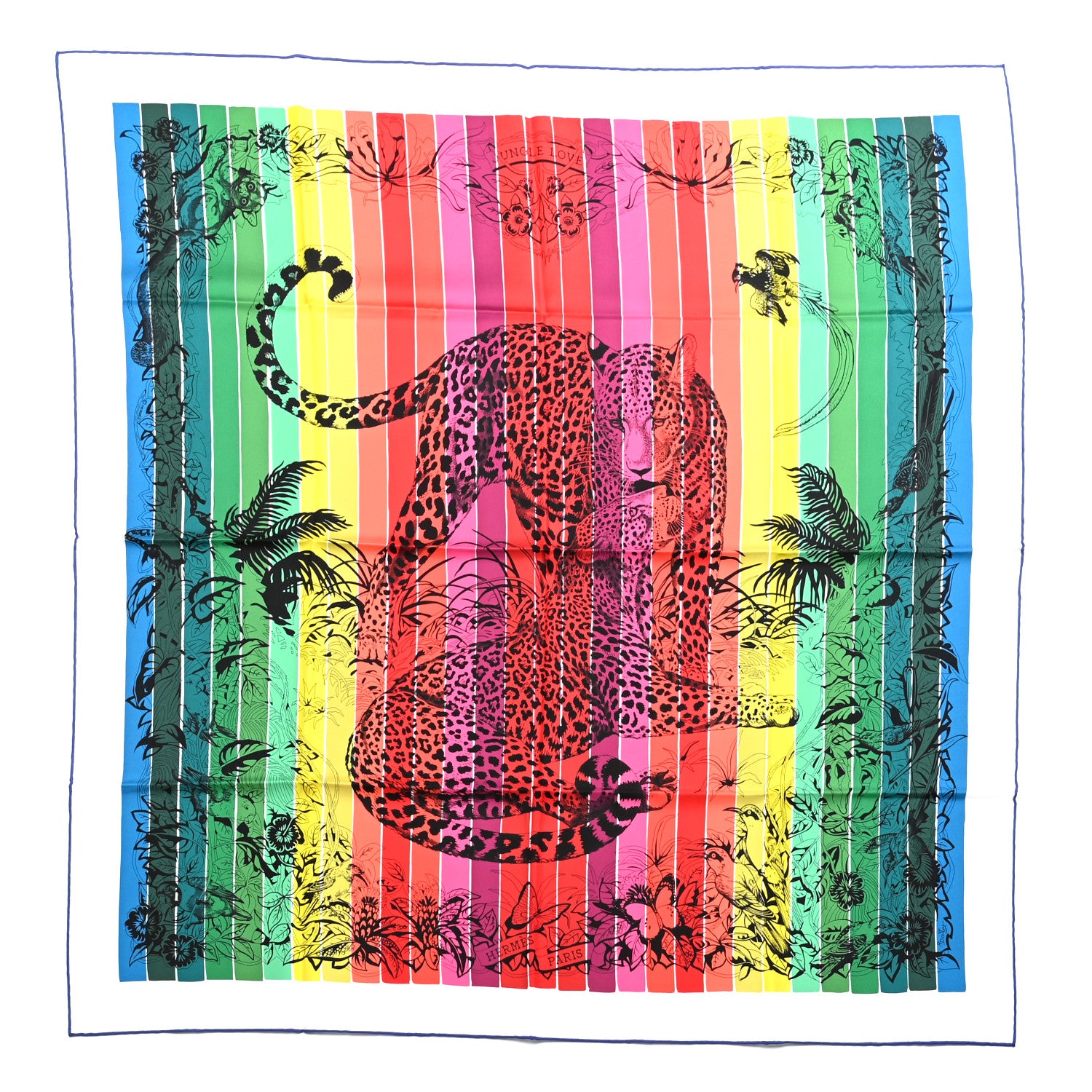 Hermes Silk Carre Jungle Love Rainbow Scarf 90 Rose Vert Jaune 1 of 7