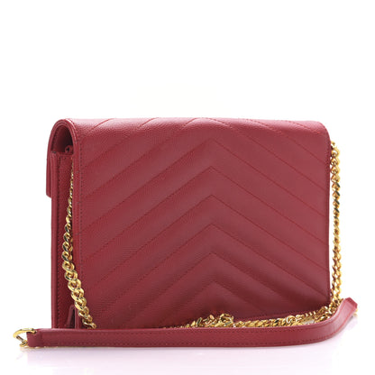 Saint Laurent Grain De Poudre Matelasse Chevron Monogram Envelope Chain Wallet Red 3 of 10