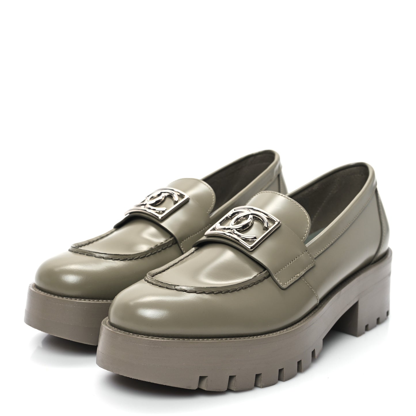 Calfskin Metal CC Loafers 38 Khaki