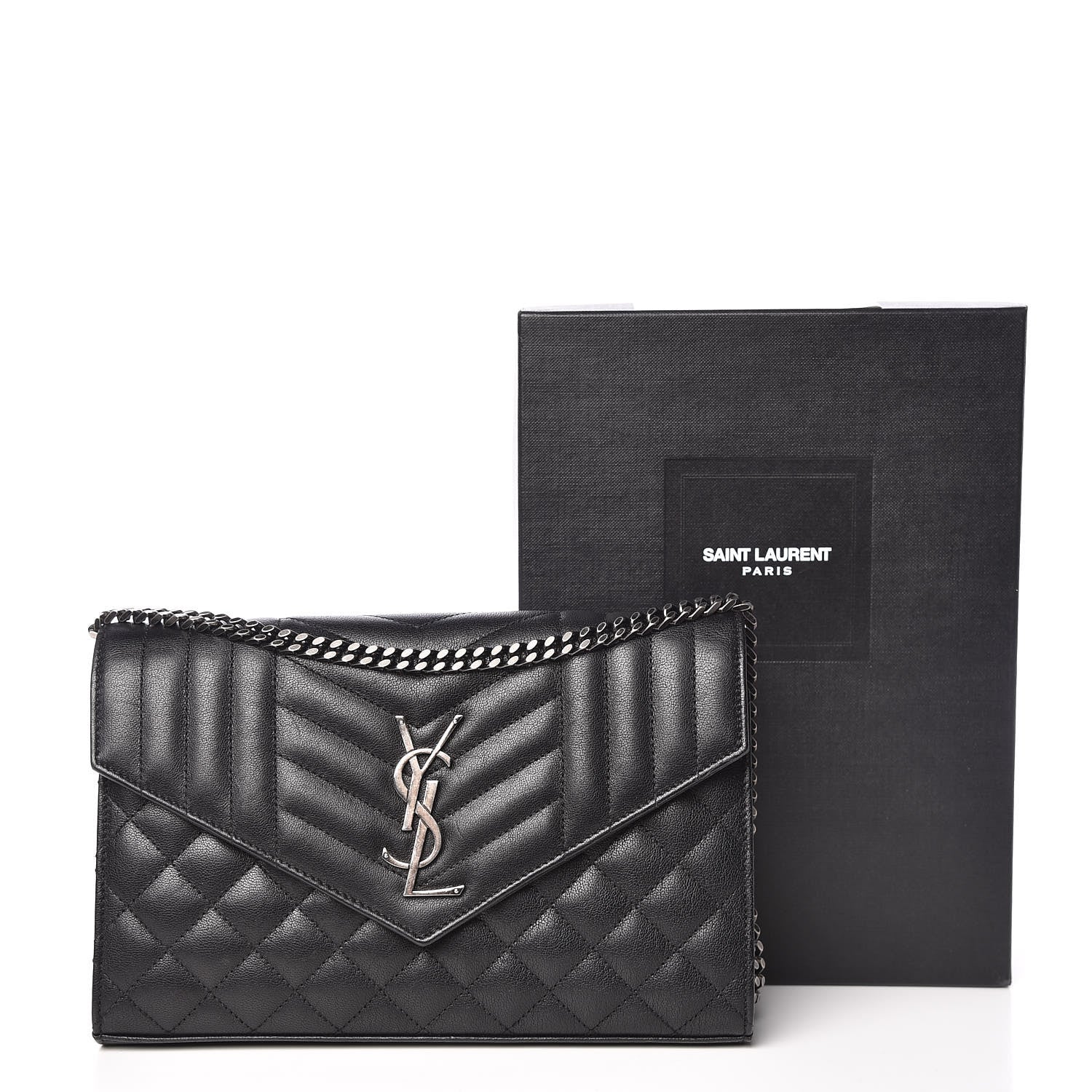Saint Laurent Sheepskin Tri-Quilt Monogram Envelope Chain Wallet Black 11 of 11