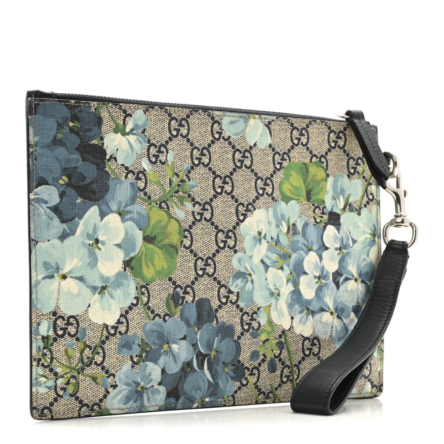 GG Supreme Monogram Blooms Small Zip Wristlet Pouch Beige Blue Black