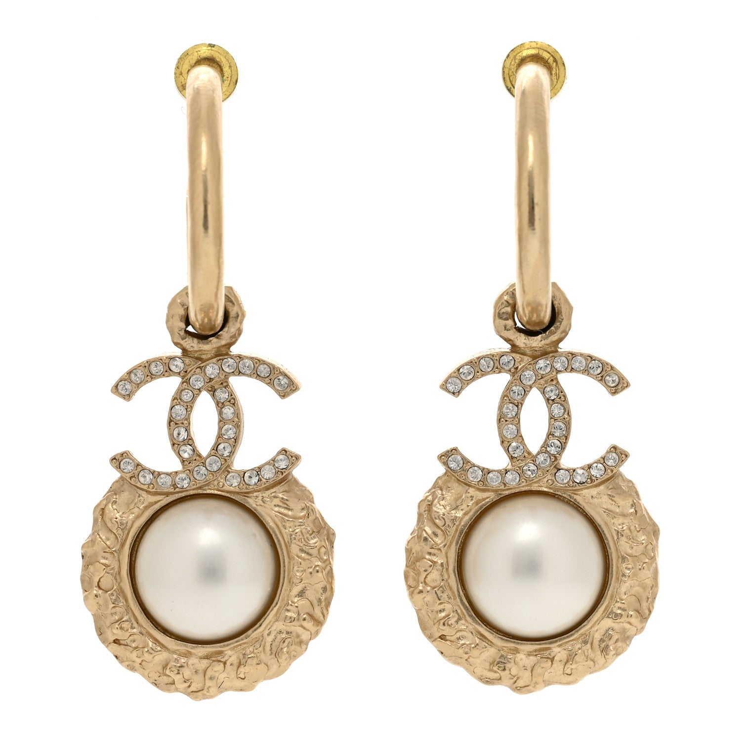 Chanel Metal Crystal Pearl Textured CC Hoop Drop Earrings Gold White 1 of 4
