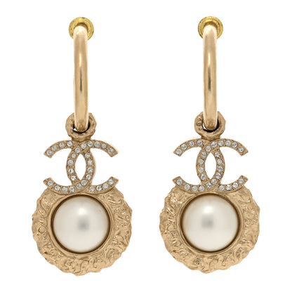 Chanel Metal Crystal Pearl Textured CC Hoop Drop Earrings Gold White 1 of 4