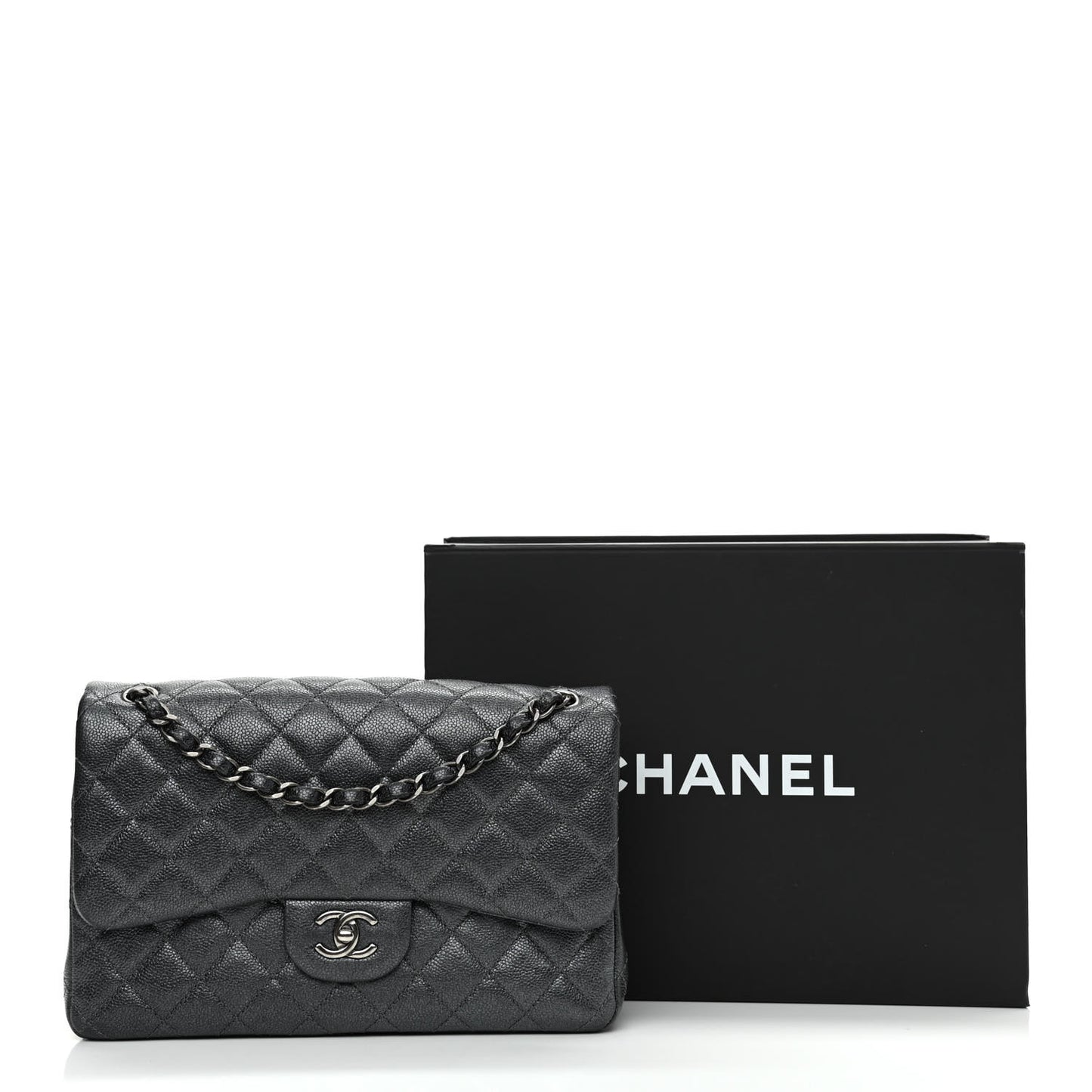 Metallic Caviar Quilted Jumbo Double Flap Dark Grey