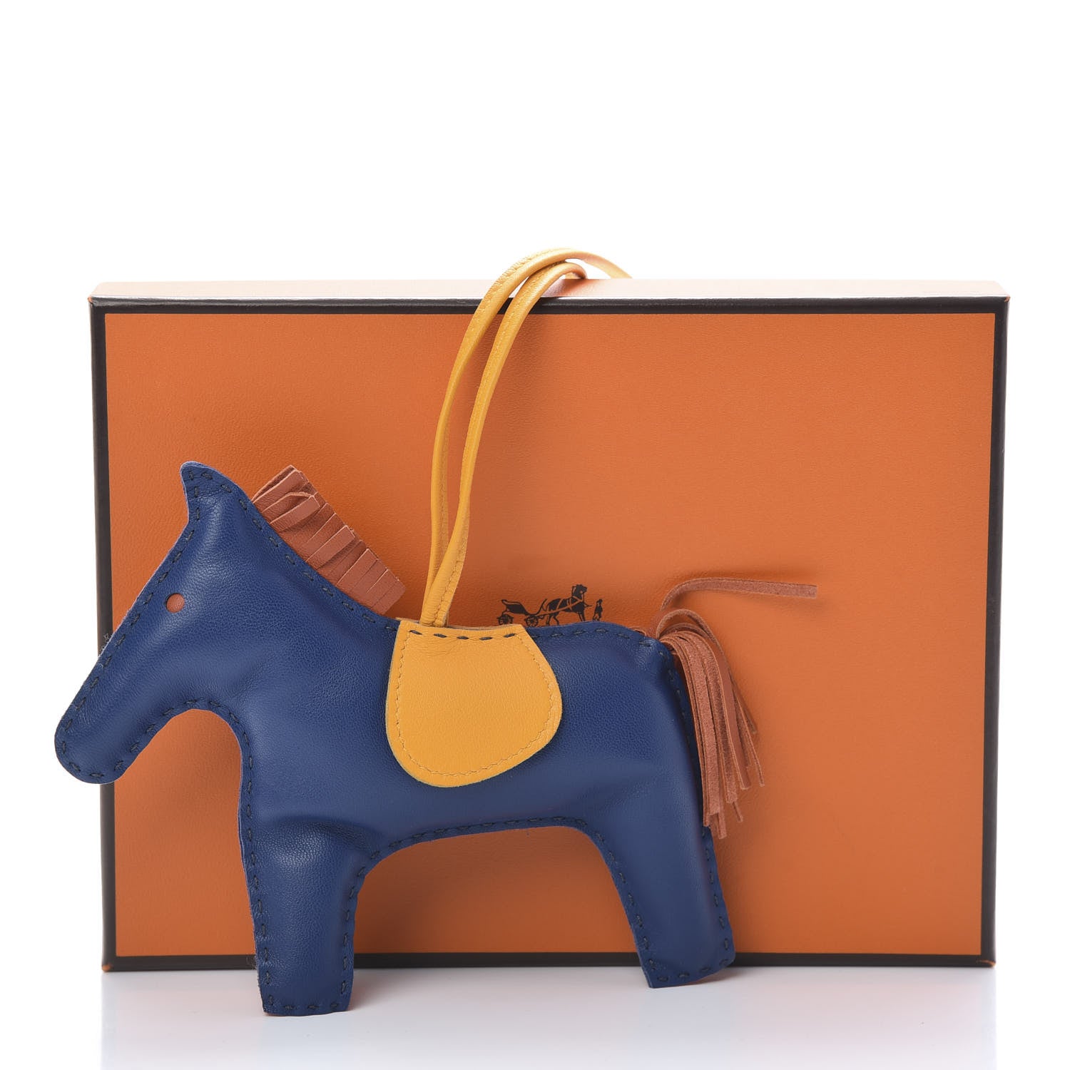 Hermes Milo Lambskin Grigri Rodeo Horse Bag Charm GM Bleu de Malte Cornaline Jaune D'Or 4 of 4