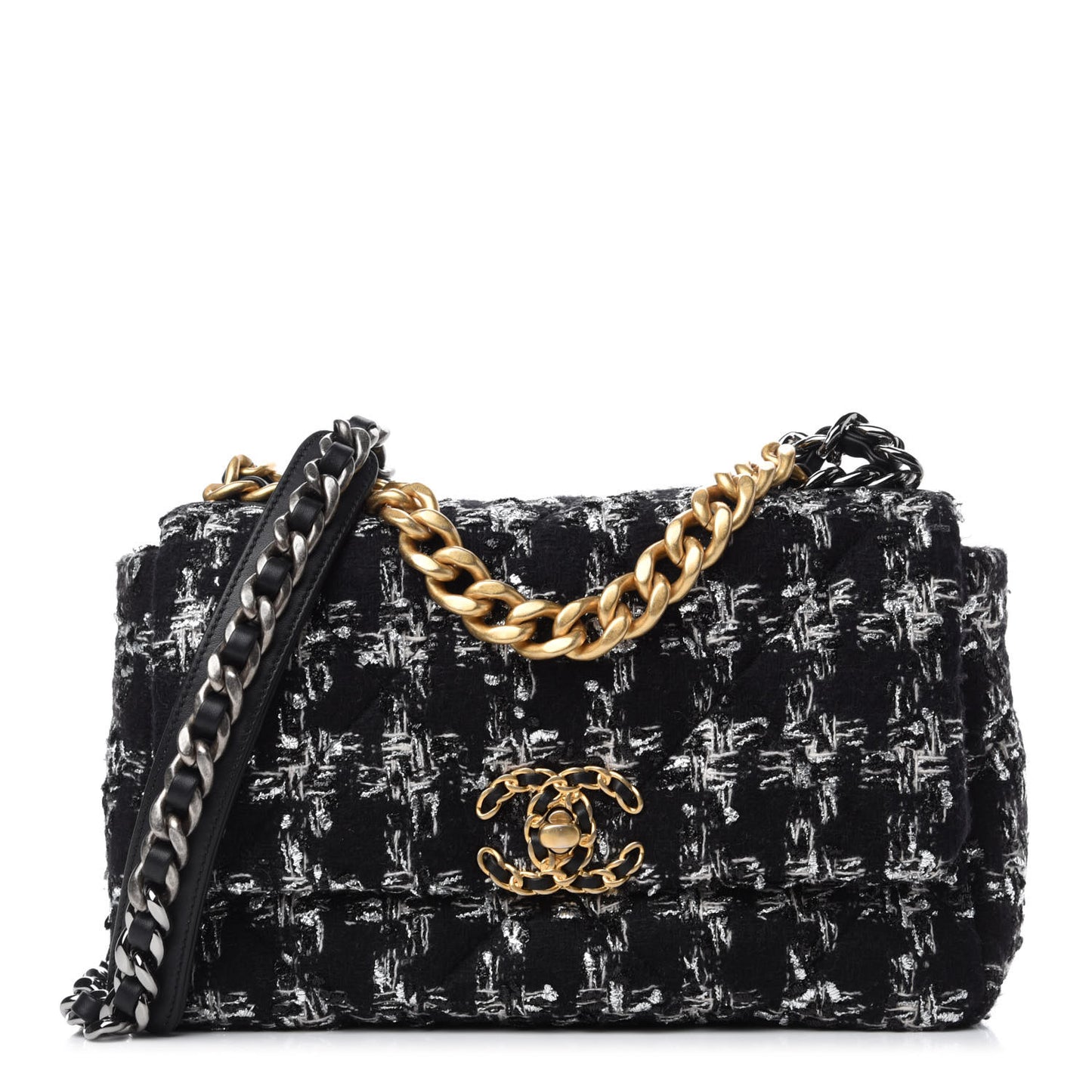 Tweed Quilted Medium Chanel 19 Flap Black Silver Ecru