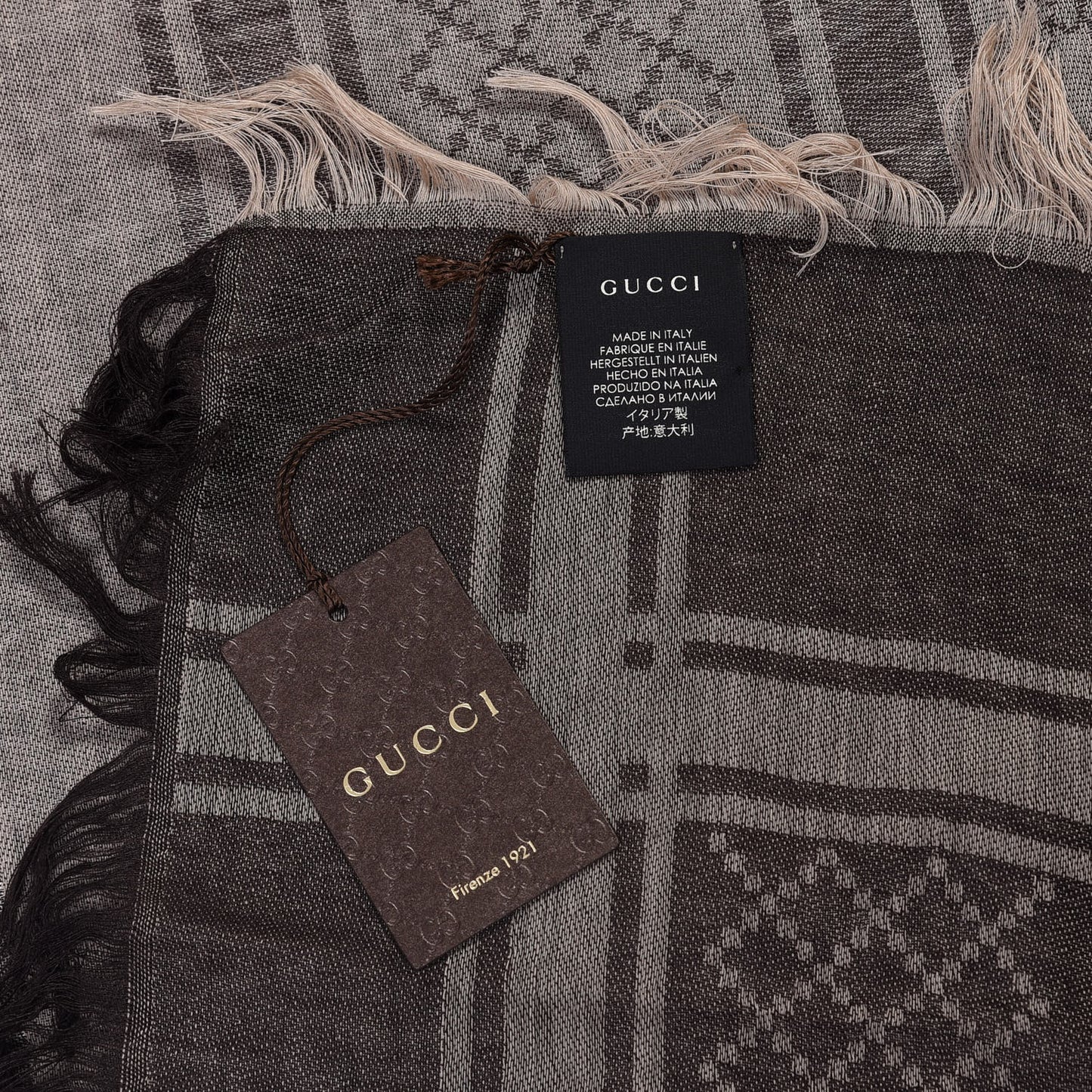 Wool Silk GG Monogram Diamante Plaid Surviee Shawl Beige Dark Brown