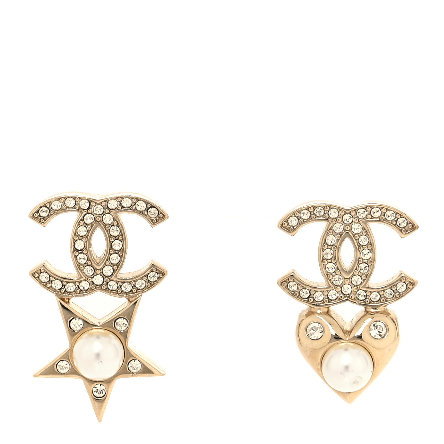 Chanel Crystal Pearl Charming Winter CC Star Heart Earrings Gold 1 of 5