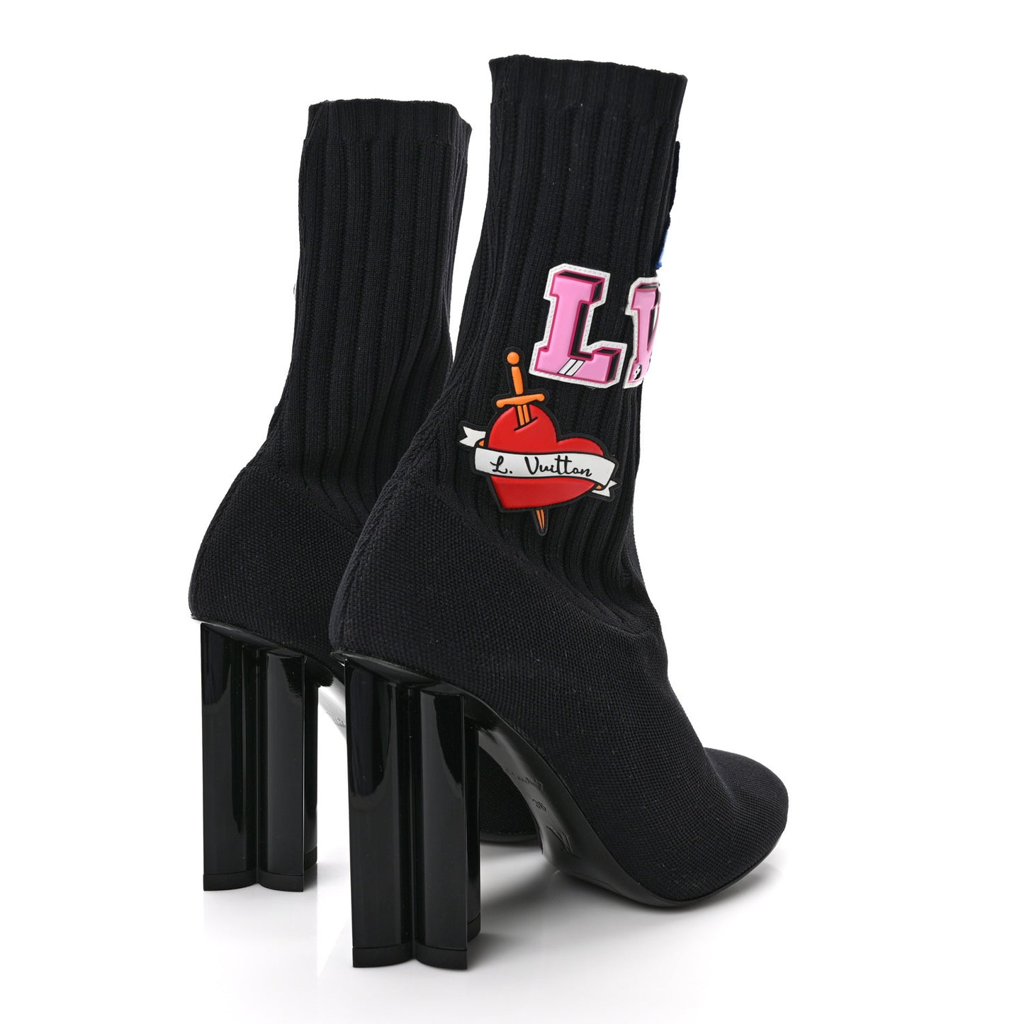 Stretch Fabric LV Black Heart Sock Ankle Boots 38 Black