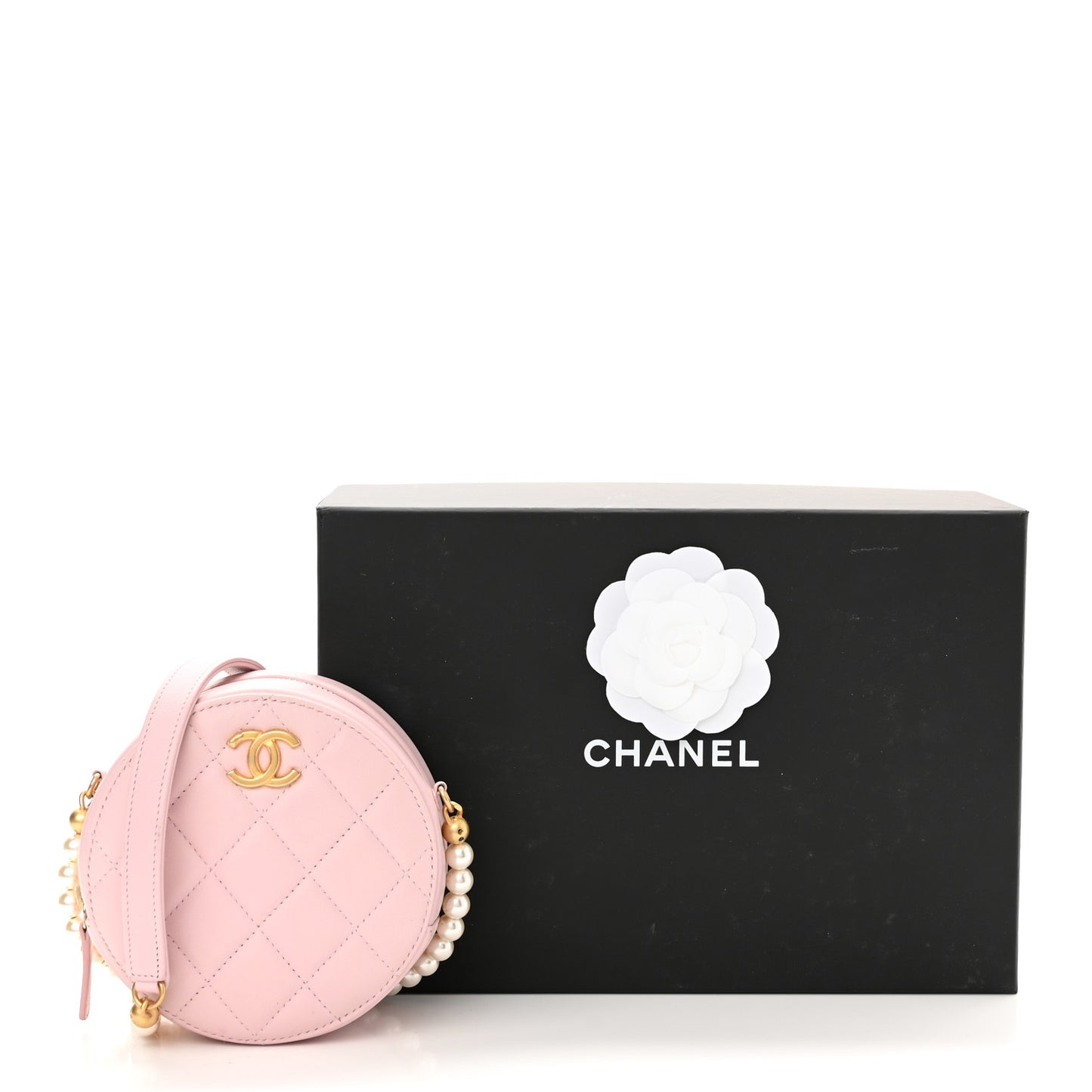 Calfskin Quilted Pearl Round Clutch With Chain Light Pink