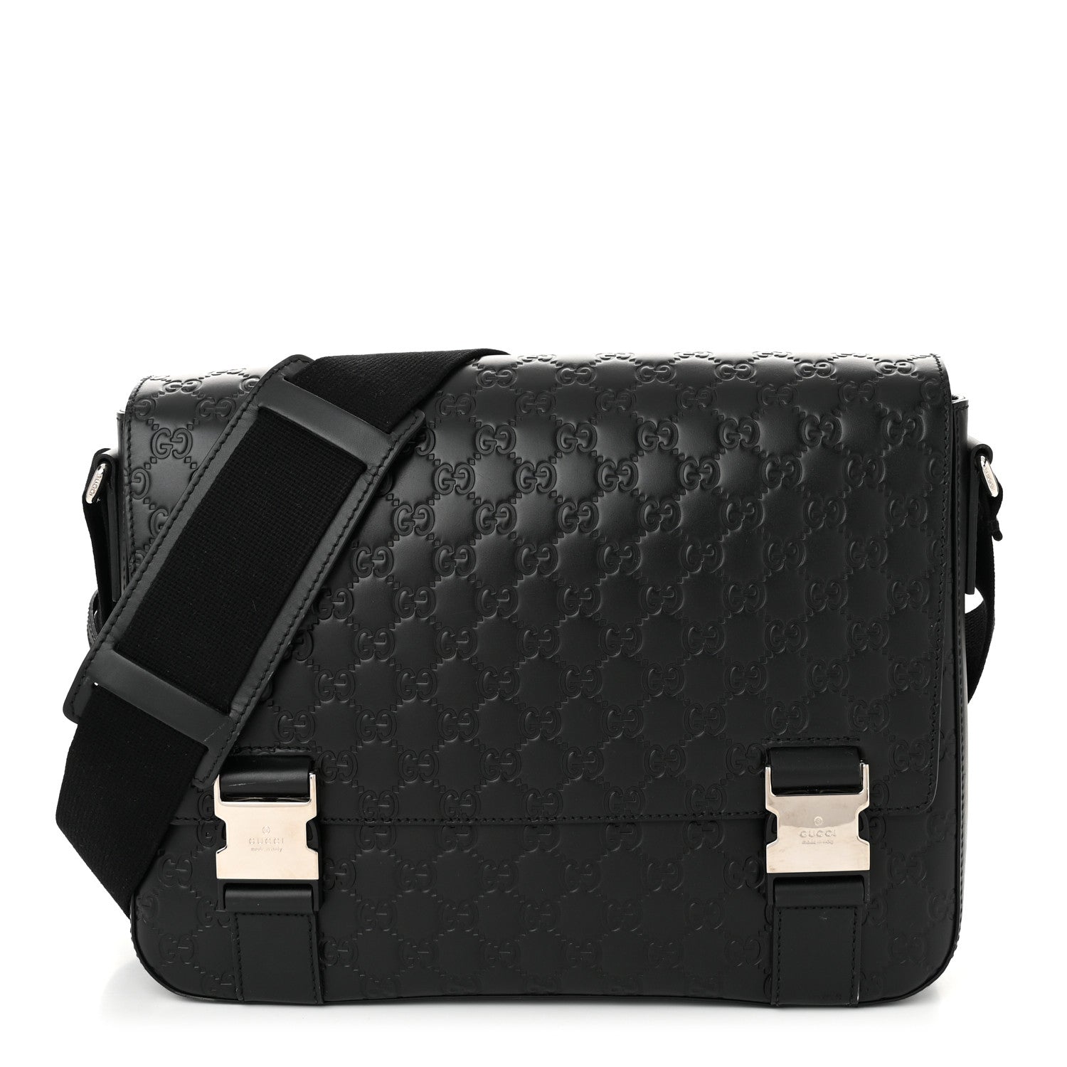 Gucci Guccissima Signature Medium Double Buckle Flap Messenger Bag Black 1 of 11