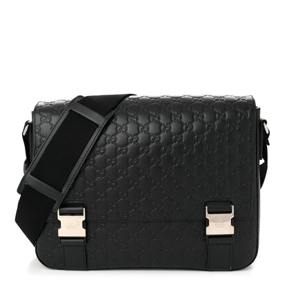 Gucci Guccissima Signature Medium Double Buckle Flap Messenger Bag Black 1 of 11