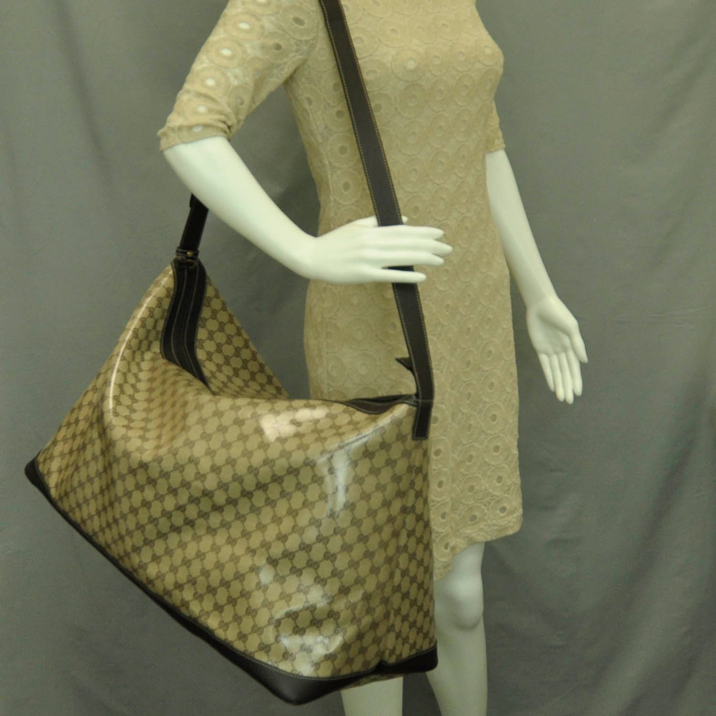 Crystal Monogram Large Travel Hobo Beige Brown