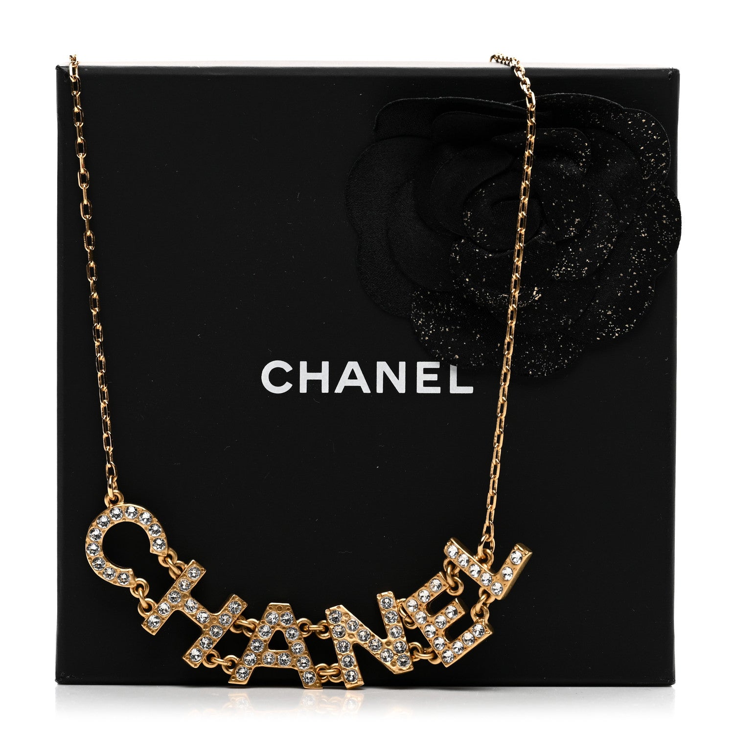 Chanel Metal Crystal 90's Icon Logo Necklace Gold 1650069