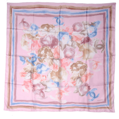Chanel Silk CC Watercolor Camellia Flower Scarf Pink Blue 2 of 5