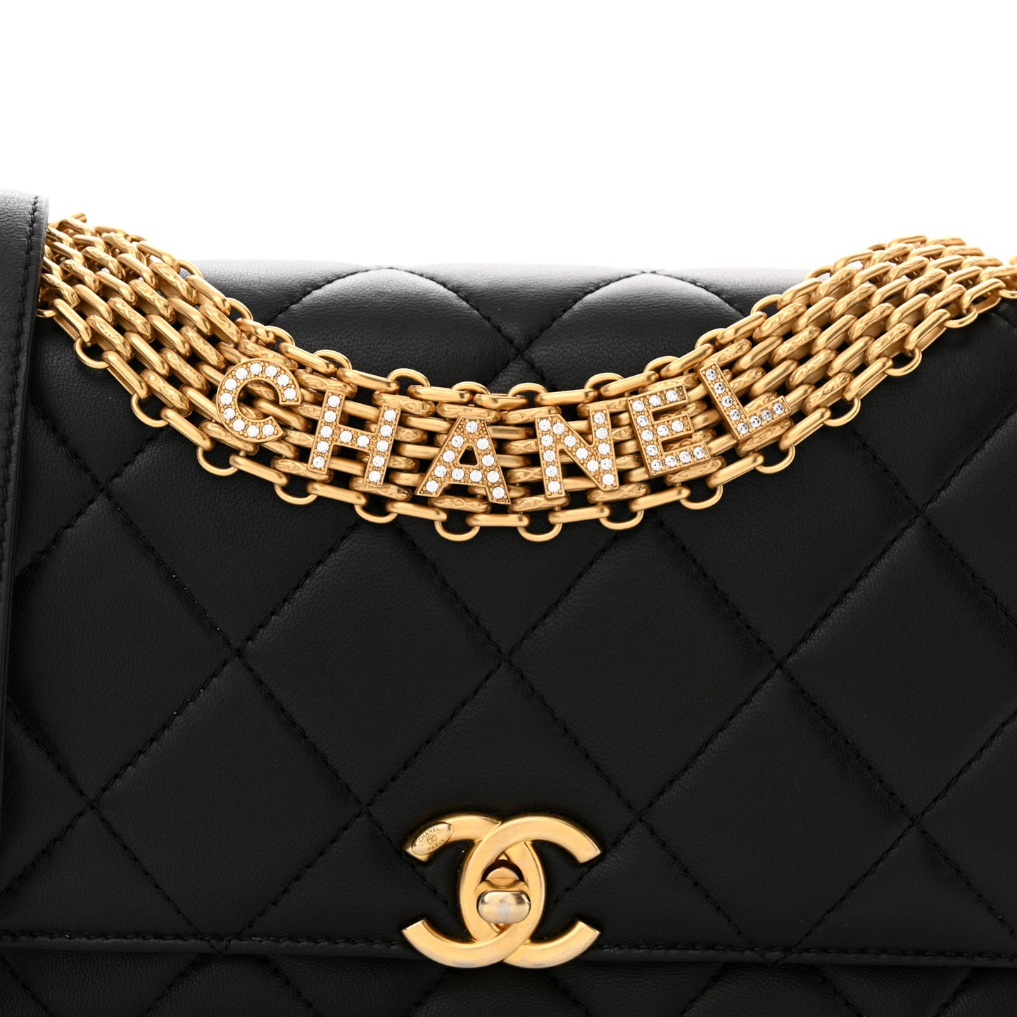 Lambskin Quilted CC Crystal Logo Chain Flap Black