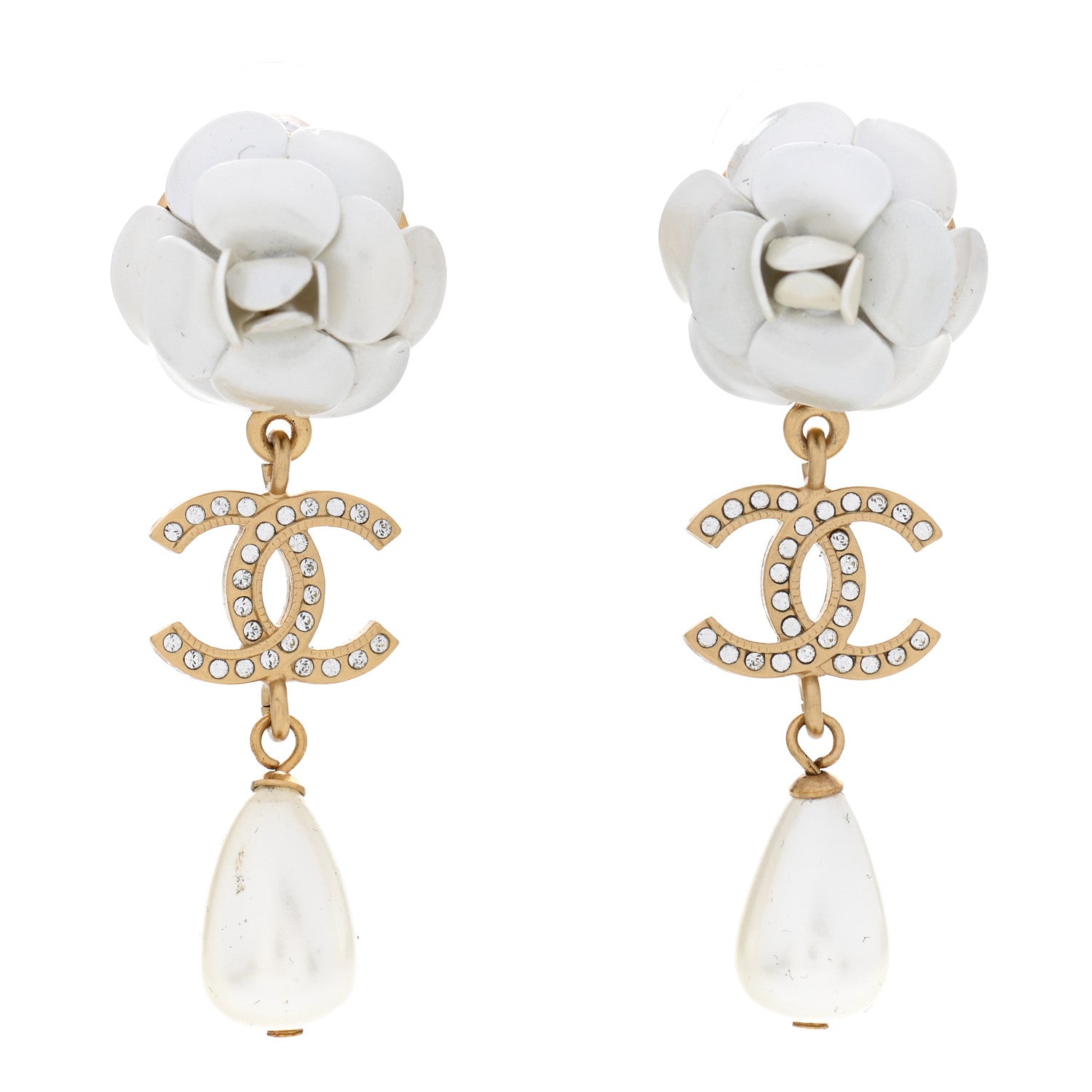 Chanel Metal Crystal Pearl 90s Camellia CC Drop Earrings Gold 1 of 5
