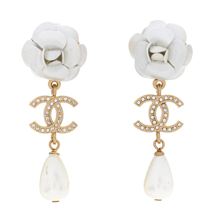 Chanel Metal Crystal Pearl 90s Camellia CC Drop Earrings Gold 1 of 5