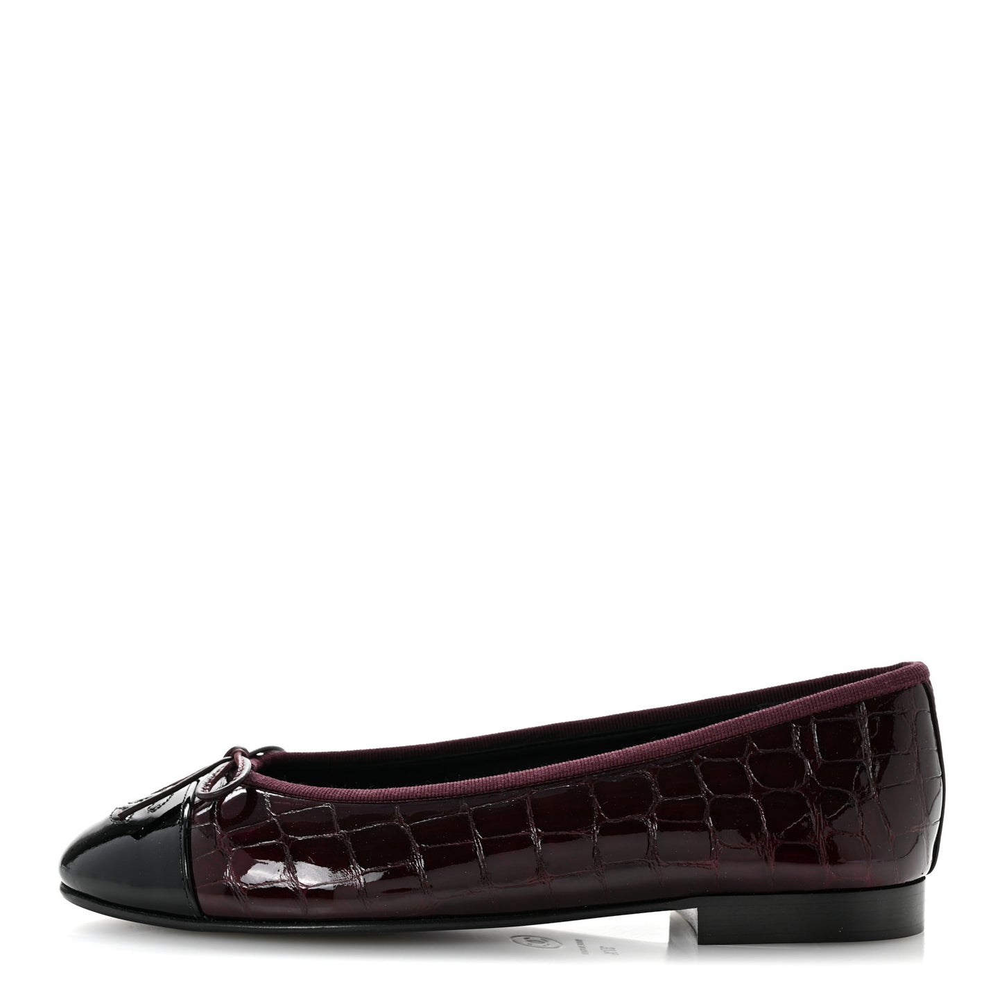 Crocodile Embossed Patent Calfskin Cap Toe CC Ballerina Flats 37.5 Dark Burgundy Black