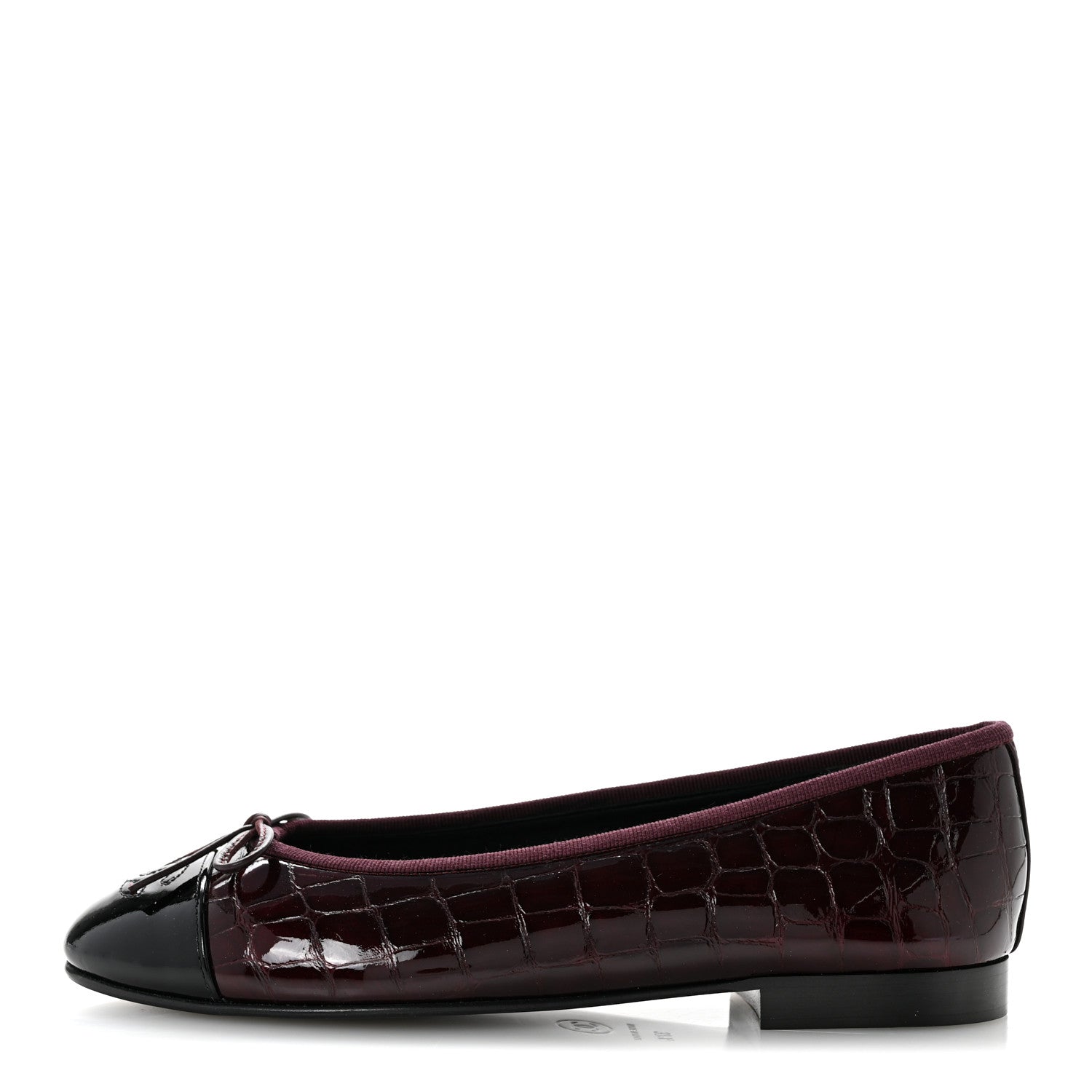 Chanel Crocodile Embossed Patent Calfskin Cap Toe CC Ballerina Flats 37.5 Dark Burgundy Black 1 of 10