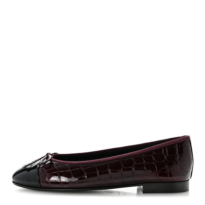 Chanel Crocodile Embossed Patent Calfskin Cap Toe CC Ballerina Flats 37.5 Dark Burgundy Black 1 of 10