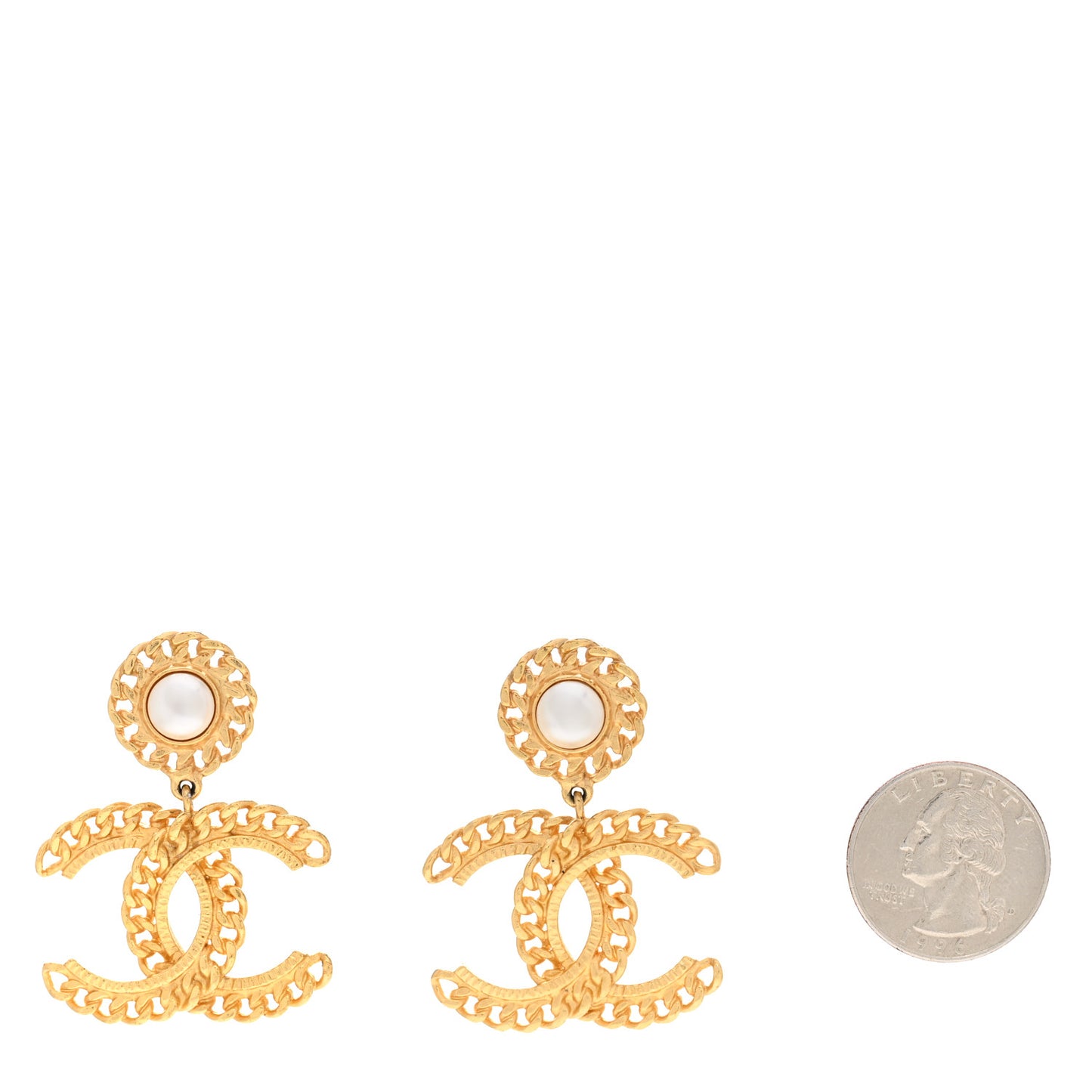 Metal Pearl CC Chain Drop Earrings Gold