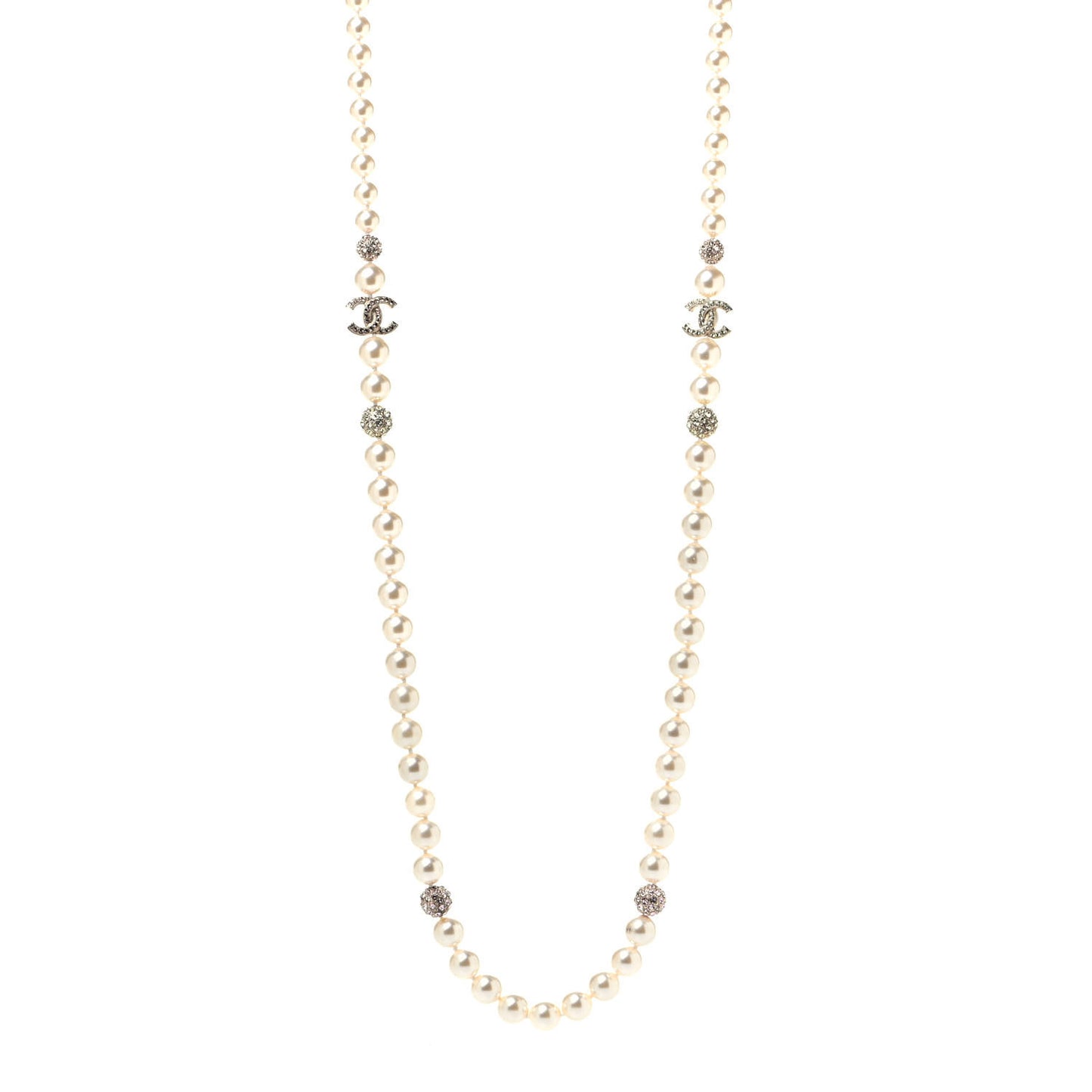 Pearl Crystal Long CC Necklace Gold