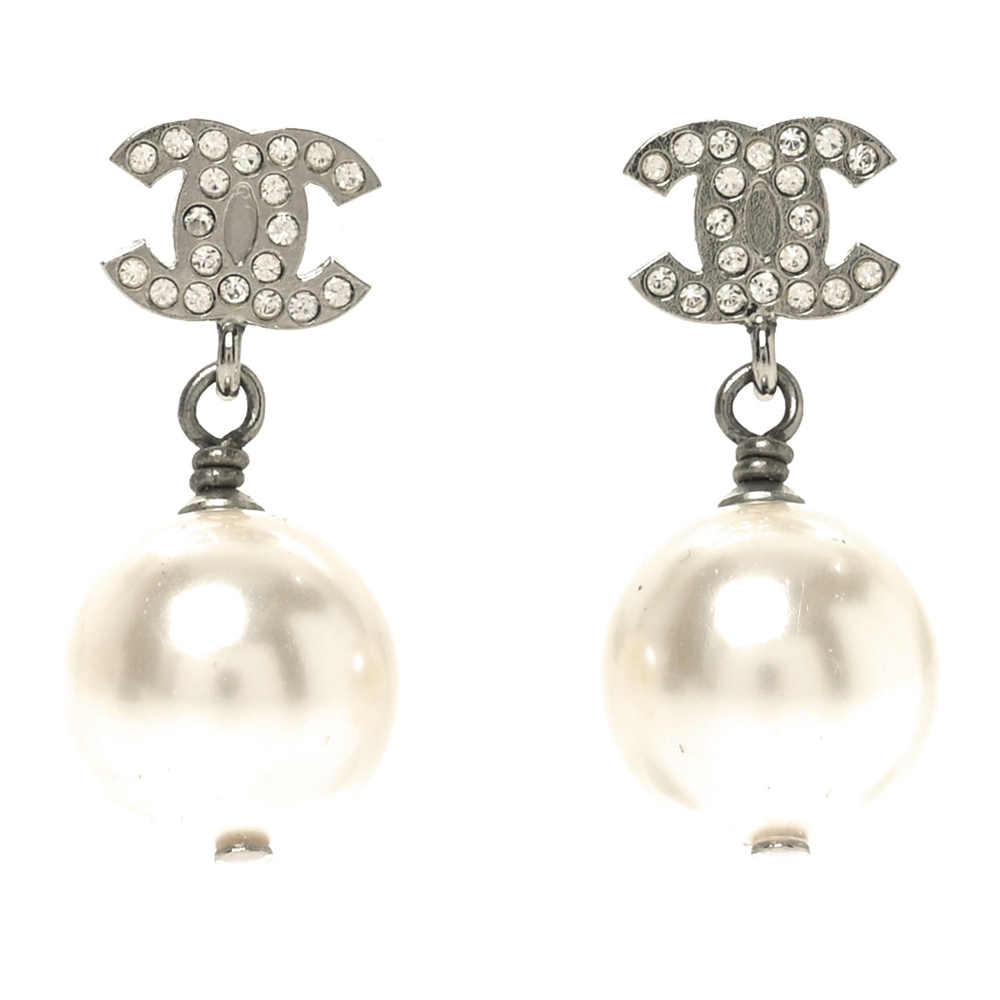 Crystal Pearl CC Drop Earrings Silver Pearly White
